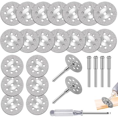 25PCS Mini Scie Circulaire, Lame de Scie Circulaire, Mini Disque Diamant à Tronçonner pour Outil Rotatif, avec 4 Mandrin 3mm et 1 Tournevis pour Bois, Métal, Plastique, Pierre, Verre (1/3)