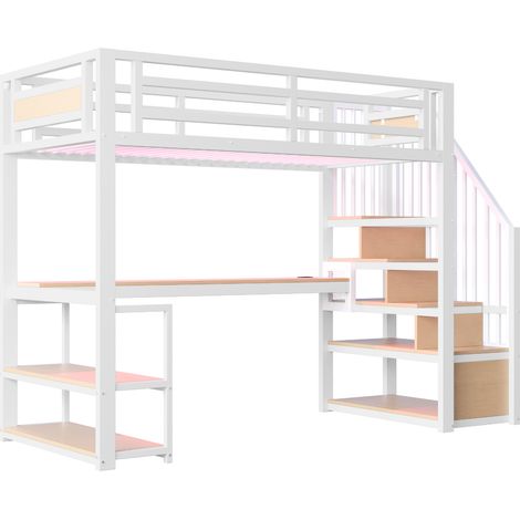 Letto a soppalco in metallo 90x200 bianco con scrivania, scaffali, scala e LED (1/5)