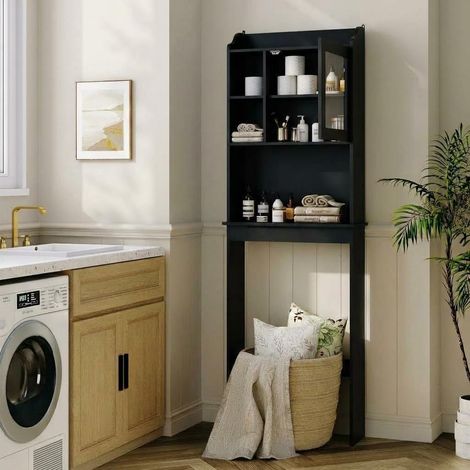 Armoire gain de place au-dessus des toilettes – Étagère réglable – Porte en verre – Structure autoportante – Adaptée machine à laver – Imperméable – Noir (1/5)