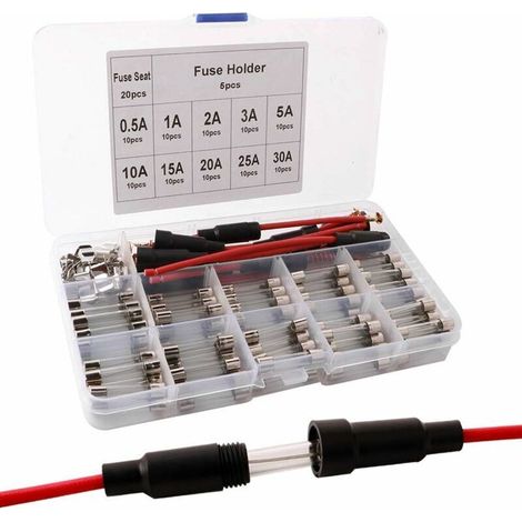 125Pcs 6X30mm Professionnel Voiture Fast-Souffler Verre Tube Fusible Kit: 100Pcs Verre Tube Fusible + 20Pcs Fusible Siège + 5Pcs Vis Type Porte-Fusible, avec Transparent Plastique Boîte (1/5)