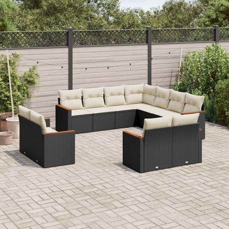 11-tlg. Garten-Sofagarnitur mit Kissen Schwarz Poly Rattan (1/5)