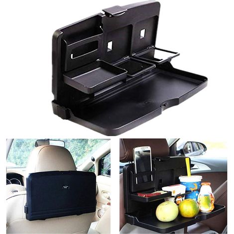 Table pliante universelle pour voiture avec porte-gobelet sur siège arrière, organiseur auto pour téléphone, boissons et repas en voyage. (1/5)