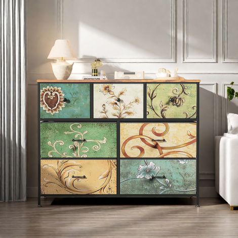 Commode 7 Tiroirs en tissu 100 cm Meuble de Rangement Chambre Salon Porche-Motif vintage (1/5)