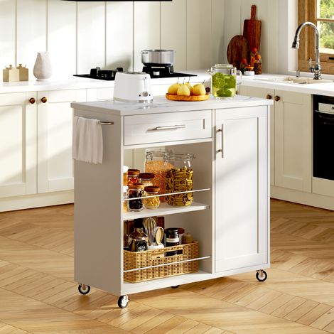 Chariot de cuisine mobile blanc avec plateau effet marbre, tiroir, placard et étagères ouvertes, 90x62x90 cm (1/5)