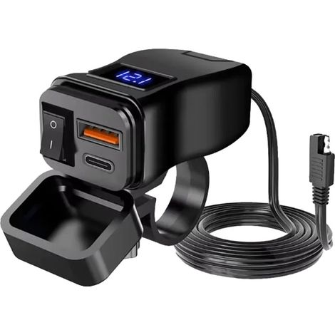 Caricabatterie USB per moto, doppia porta USB, design impermeabile, voltmetro PD (1/2)