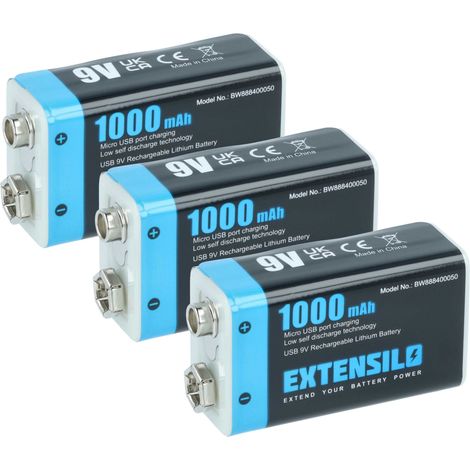 EXTENSILO 3x 9V-Akku Block kompatibel mit Daitem DC270, DC271, D21, DC272 (1 Ah, 9 V, Li-Ion), ready-to-use, mit Micro USB Buchse (1/4)