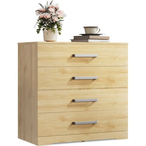 Commode à quatre tiroirs, équipée de poignées et de glissières métalliques, commode de rangement moderne, idéale pour la chambre à coucher, la chambre d'enfant ou l'armoire, couleur chêne (1/5)