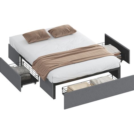 Lit coffre 140x190 cm, cadre double rembourré avec 3 tiroirs, sommier lattes LVL silencieux, gris