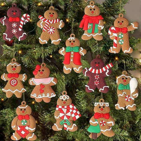 12 décorations de bonhommes en pain d'épice, figurines en plastique assorties, décorations à suspendre au sapin de Noël, 7,6 cm de haut (1/5)