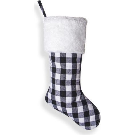 Lot de 2 bas de Noël à suspendre pour cheminée, 46 cm, en fourrure, à carreaux, décoration de Noël (blanc et noir) (1/5)