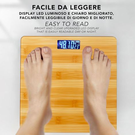 Pèse-Personne Digitale Ultra Fine Couleur Bois  - Design Élégant en Verre Trempé - Affichage Mesure Précise 0,1 KG - Max 180Kg