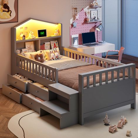 Cama infantil 90x200 cm gris de madera con 4 cajones y escalones laterales (1/5)