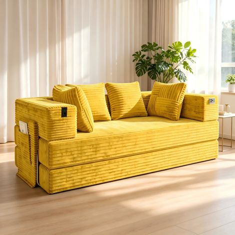 Fabulcozy Sofá cama convertible 2 en 1 de pana, sofá de suelo plegable con reposabrazos con almacenamiento, colchón lavable y diseño moderno. Sofá ideal para espacios pequeños, amarillo (1/5)