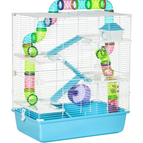 Cage pour petits rongeurs avec rampe, roue et 5 niveaux, métal et plastique, 59 x 36 x 69 cm, bleu clair et blanc (1/5)