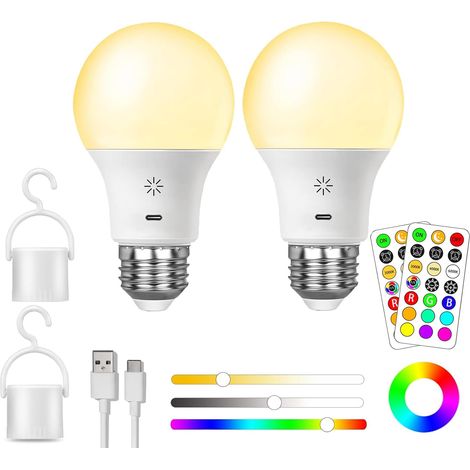 USB Aufladbar Batterie Glühbirne Mit Fernbedienung, E27 Smart Farbwechsel Farbige RGB Glühbirnen ,9+3 Farbtemperatur, 8W LED Dimmbare Touch Control Akku Lampe Mit Timing Funktion, 2600mAh ,2 pack (1/5)