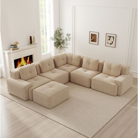 Divano modulare con ottomana, tessuto corduroy, 295 x 295 x 69 cm, beige HAVRYA (1/5)