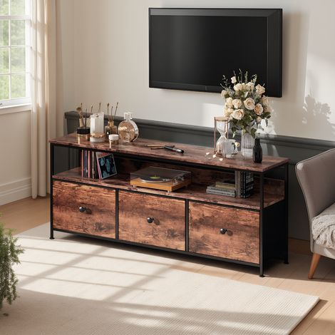 TV-Schrank mit LED, TV Lowboard mit 3 Schubladens und offenen Fächern, modern Fernsehschrank mit höhenverstellbaren Füßen, mit integriertes Kabelmanagement, Vintage-Braun, 137 x 29.8 x 57 cm (1/5)