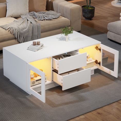 Table basse blanche laquée brillante 100×50×40 cm, avec éclairage LED contrôlable via application mobile, table de salon avec armoire, table de canapé, table d'appoint, adaptée au bureau et à la salle (1/4)