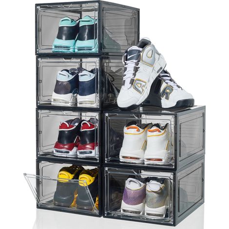 Lot de 6 grandes boîtes de rangement à chaussures empilables en plastique transparent avec porte magnétique (noir) (1/5)