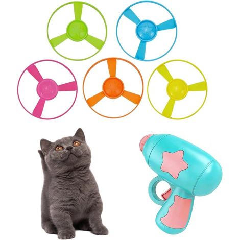 Giocattolo interattivo per gatti, lanciatore di frisbee, lanciatori con eliche colorate rotanti, giocattoli per gattini per giocare, inseguire e saltare (blu + 5 frisbee)