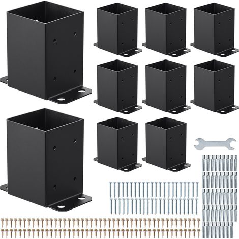 Support de Poteau Bois, Lot de 10, Base de Poteau, Taille Interne 91,44 x 91,44 mm, en Acier au Carbone Robuste, Ancrage de Poteaux Stable pour Support de Garde-corps Terrasse, Pavillon, Noir (1/5)