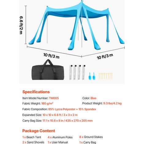 VEVOR Beach Tent Sun Shelter, UPF50+ Sun Protection, 6.6 ft Tall, 10 x 10 ft, Easy Pop Up Beach Canopy with Sandbags, Stability Poles, Sand Shovels, Portable Shade for Family, Camping, Fishing, Blue (1/4)