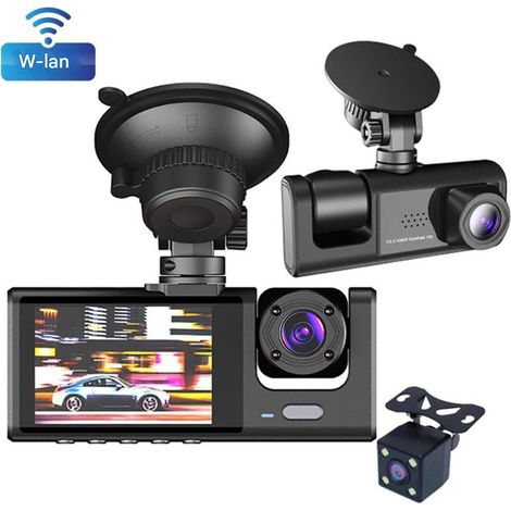 Dashcam - Enregistreur Vidéo Voiture 1080P - 3 Canaux - Vision Nocturne - Wifi - Caméra de Recul - 170° Grand Angle - Surveillance en Stationnement - 1 Pièce