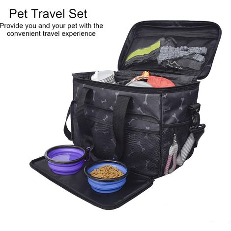 Sac de voyage multifonctionnel pour animaux de compagnie, grande capacité, portable, avec kit de rangement pour chat et chien. (1/5)