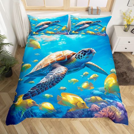 Housse de Couette Enfant 240 x 260 cm avec 2 Taies d'oreiller, Parure de Lit Adulte Tortue de Mer, Sets de Housses de Couettes Thème Marin Océan, Couvre Lit Animaux Marins sous-Marins (1/5)