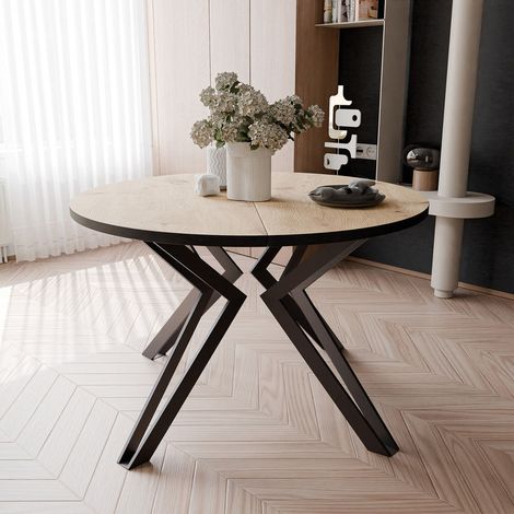 Table à Manger Extensible RAMIRO - 4-6 personnes - Ronde - Artisan/Noir - 100-176 x 100 x 76 cm (1/5)