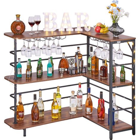 Meuble Bar d’Angle, Bar de Salon 3 Niveaux, pour Bouteilles Verres Cuisine Maison Pub, Table de Bistro avec Étagères de Rangement et Éclairage LED, Finition Noyer et Structure Métallique (1/5)