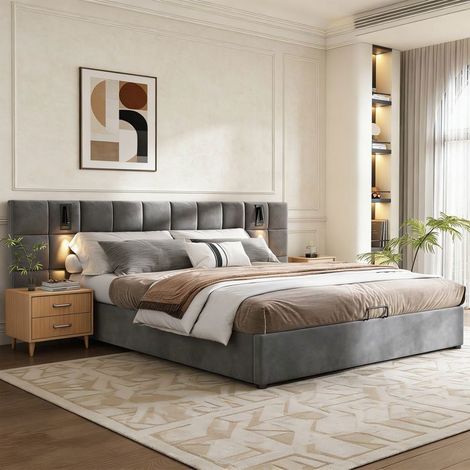 Letto con contenitore 160x200 - Rimozione integrata - Lampada orientabile - Porte USB - Grigio