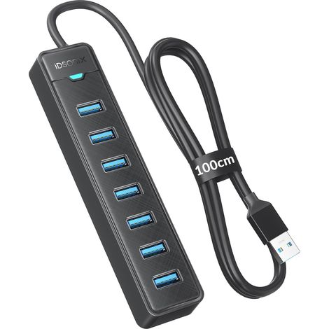 Hub USB 3.0 à 7 Ports avec câble de 100 cm, Adaptateur multiport USB 5 Gbit/s, Port Type-C 5 V 3 A, hub répartiteur USB pour PC, Ordinateur Portable, MacBook, Clavier et Souris. (1/5)