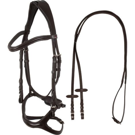 full, Marrone: Briglia inglese per cavalli anatomica con nasalina curva e fibbie inox
