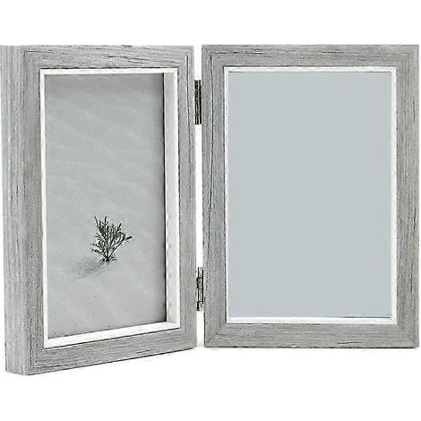 Cadre photo pliant à charnières en bois gris vintage 4x6 pouces à double cadre – un cadeau de mariage parfait pour les parents. (1/5)