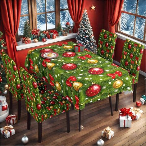 Ensemble de nappe et housse de chaise de Noël en soie de lait imperméable, imprimé, référence TC-214 (140 x 210 cm). (1/3)