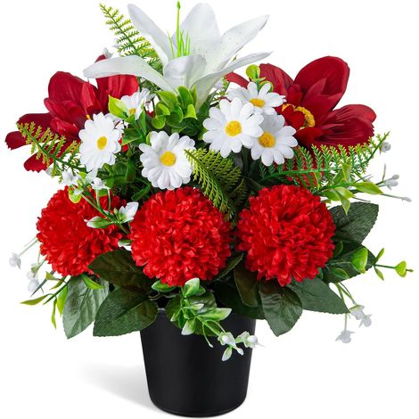 Fleurs de cimetière artificielles en pot, chrysanthèmes artificiels, lys et marguerites avec pot, fleurs funéraires pour cimetière et extérieur, décoration de tombe (1 pièce, blanc et rouge) (1/5)