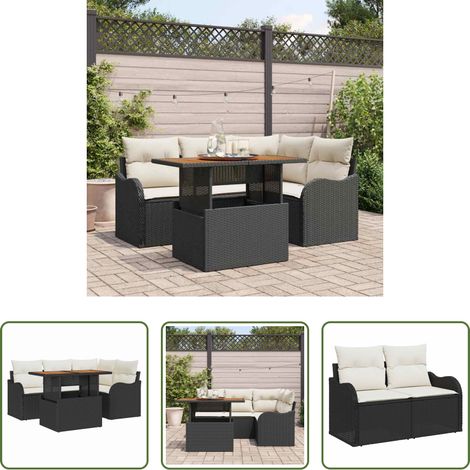 Gartentisch - Gartensofa-set mit Kissen 5 pcs Schwarz und Creme Poly-Rattan (1/5)