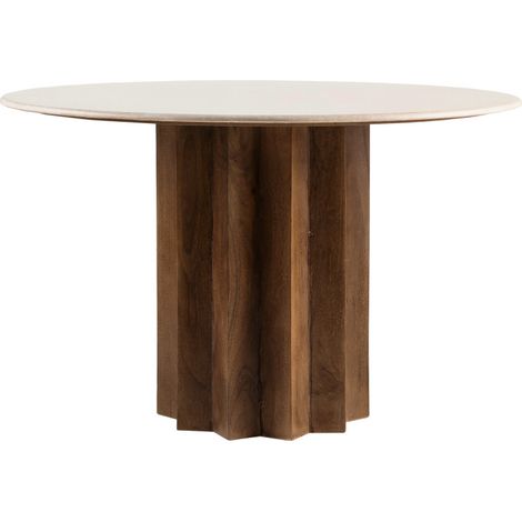 Drawer – Table à manger ronde 120 cm pour 4 personnes – Plateau marbre ivoire et piétement bois massif manguier – Hauteur 75 cm (1/5)