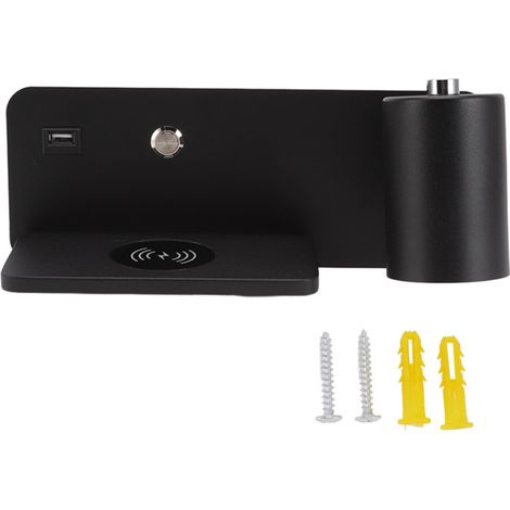 Aplique de pared LED con interfaz USB y carga inalámbrica para salón y dormitorio, 85-265V, negro, derecho