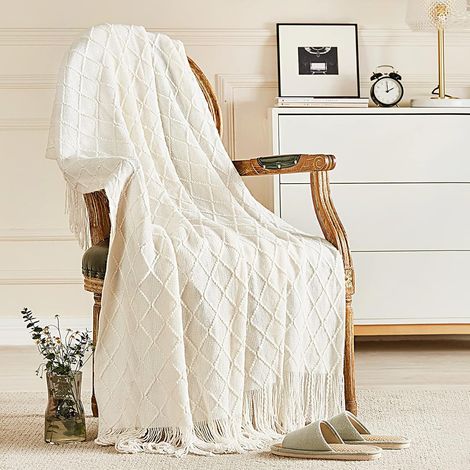 Plaid tricoté frangé 127×152,4 cm – rustique/respirant, usage intérieur/extérieur, décoration salon