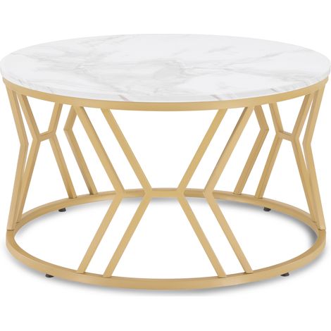BarberPub Couchtisch Rund Holz, Moderner Sofatisch, Kleiner Beistelltisch Metall, Kaffeetisch für Wohnzimmer, Schönheitssalon, Wohnzimmertisch Marmor-Weiß Gold, 80x80x46cm, 2115 (1/5)