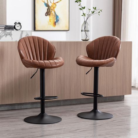 Wahson Bar Stools Set of 2 in PU Leather Modern Counter Chairs Height Adjustable with Shell-Shaped Backrest for Home Bar Restaurant, Brown