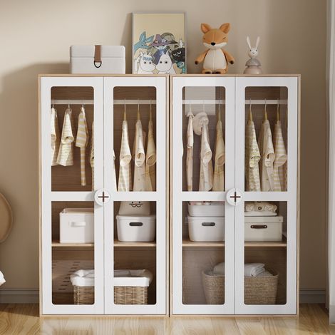 Kinderkleiderschrank 160x50x150cm 2er Set mit Kleiderstange und Acryltüren Holz Modernes Design Natur und Weiß