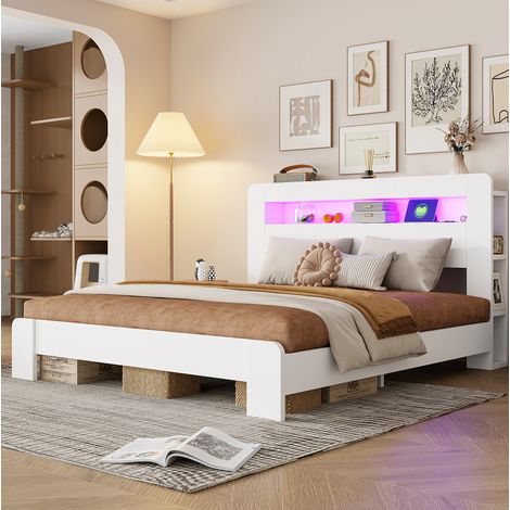 REDOM - Letto a piattaforma 180x200 cm con contenitore, LED e prese in legno bianco (Senza materasso) (1/5)