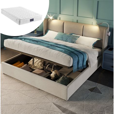 Cama doble 160x200 cm beige de lino con somier de láminas, cabecero con luz de lectura y USB, arcón (1/5)