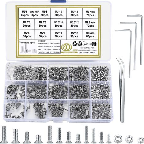 M2 M2,5 M3 Vis Boulons et Écrous et Rondelles Set, vVis à Tête Fraisée à Six Pans Creux, Boulons à Tête Creuse Hexagonale, Vis à Tête Plate Assortiment Kit (600, Argent, M2,M2.5,M3) (1/5)