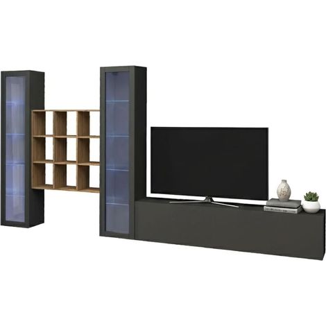 Dmora - Parete attrezzata Atella, Set salotto porta TV a 3 ante, Mobile soggiorno multiuso con vetrina e luce LED, 100% Made in Italy, cm 350x30h180, Antracite e Acero