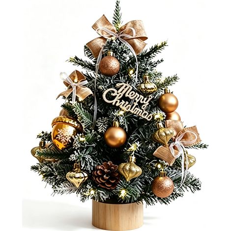 Petit sapin décoratif 45 cm à effet neige, ornements bronze‑dorés et nœuds jute, guirlande lumineuse fournie (piles non incluses), déco de table Noël intérieur, multicolore (1/5)