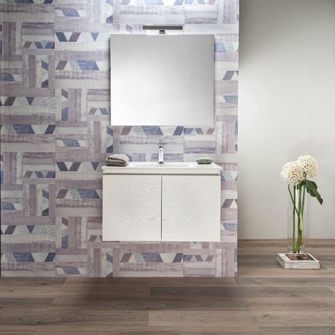Mobile Bagno Moderno Sospeso 100 cm Bianco 2 ante Lavabo e Specchio (1/5)